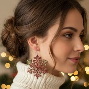 4" HANDCRAFTED Artisan Snowflake Pierced Earrings HANDPAINTED Holiday Jewelry